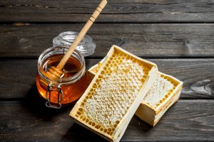 Natural honey in honeycombs.